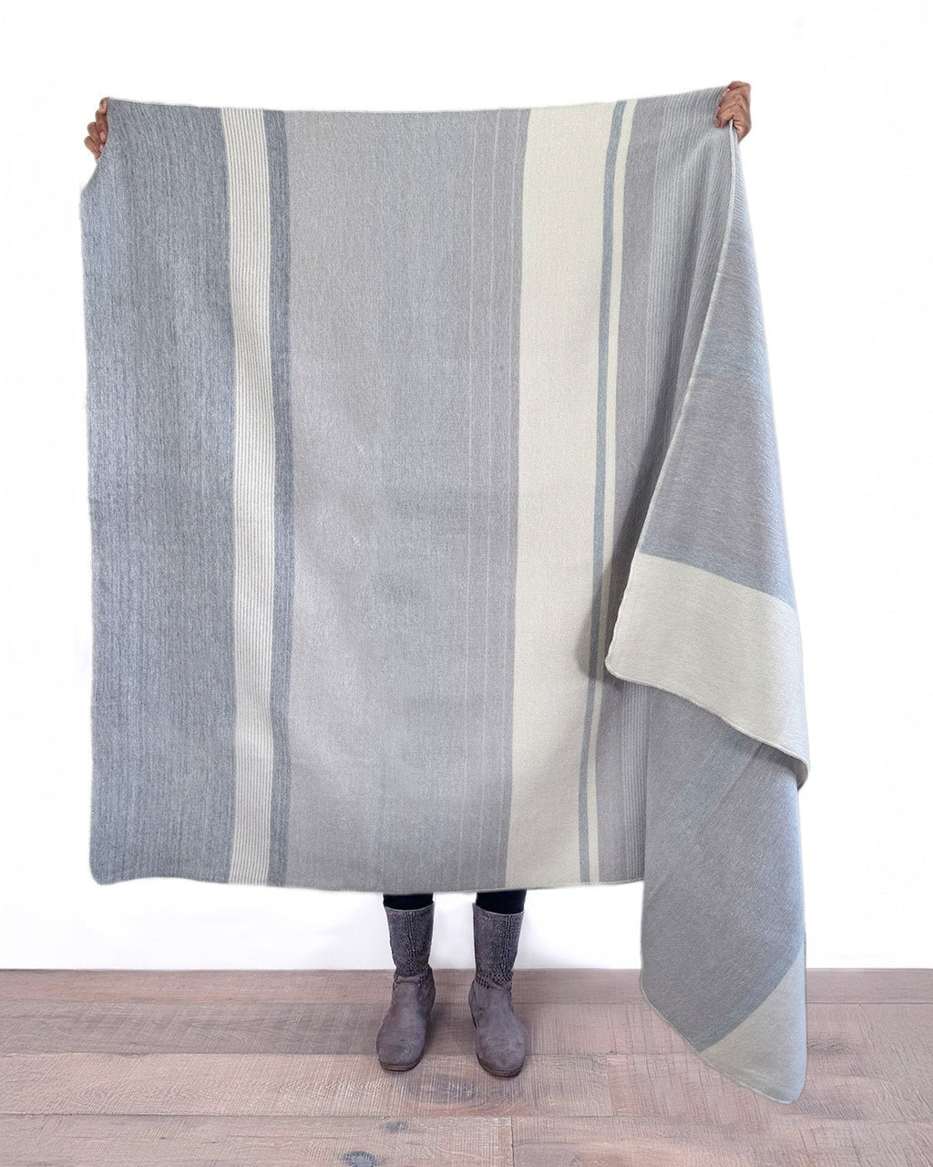 Silver Birch alpaca throw blanket with white and ivory linear pattern, Shupaca