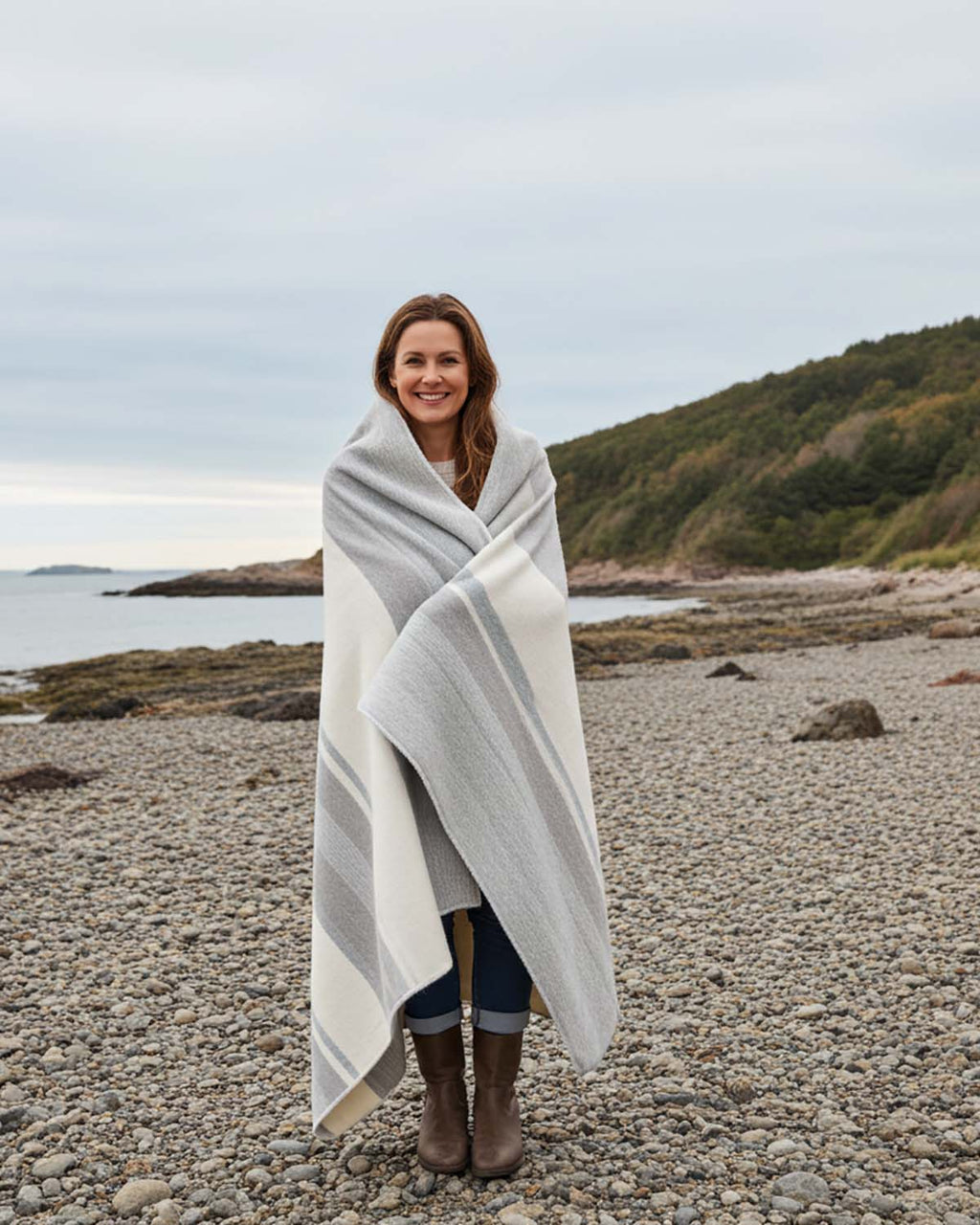 Silver Birch alpaca throw blanket with white and ivory linear pattern, Shupaca