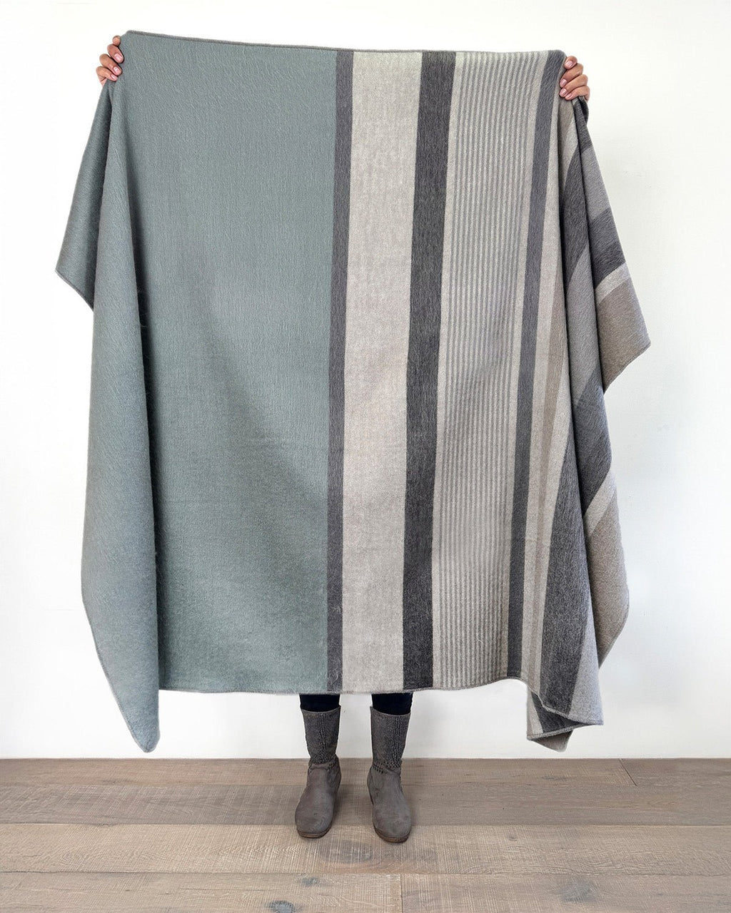 Grey alpaca throw blanket in Silverlake with lake-blue reverse, Shupaca