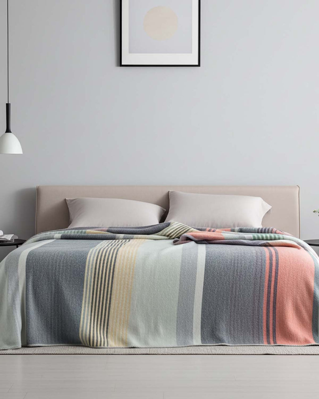 Coral alpaca throw blanket in Spectrum with mint and lilac stripes, Shupaca
