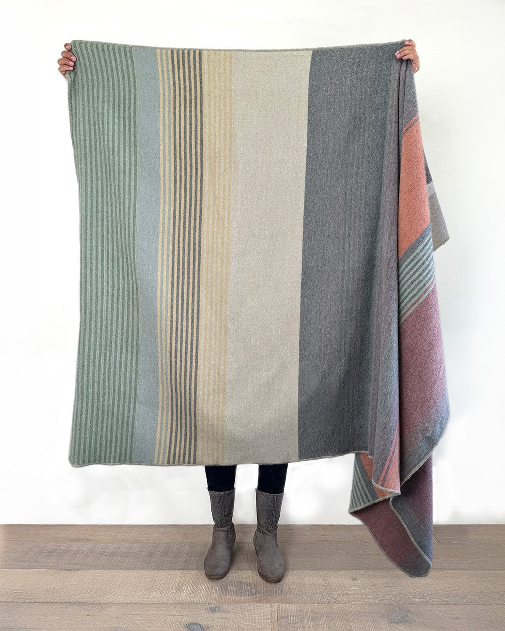Coral alpaca throw blanket in Spectrum with mint and lilac stripes, Shupaca