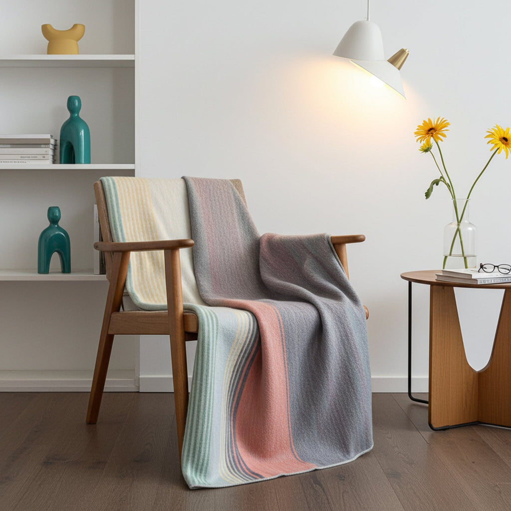 Coral alpaca throw blanket in Spectrum with mint and lilac stripes, Shupaca