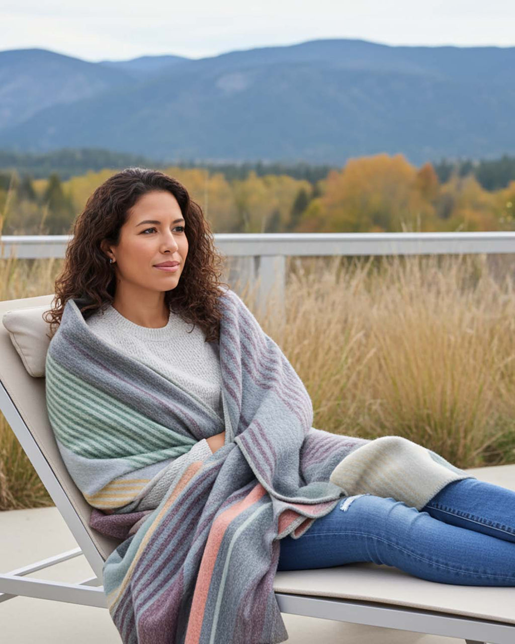 Coral alpaca throw blanket in Spectrum with mint and lilac stripes, Shupaca