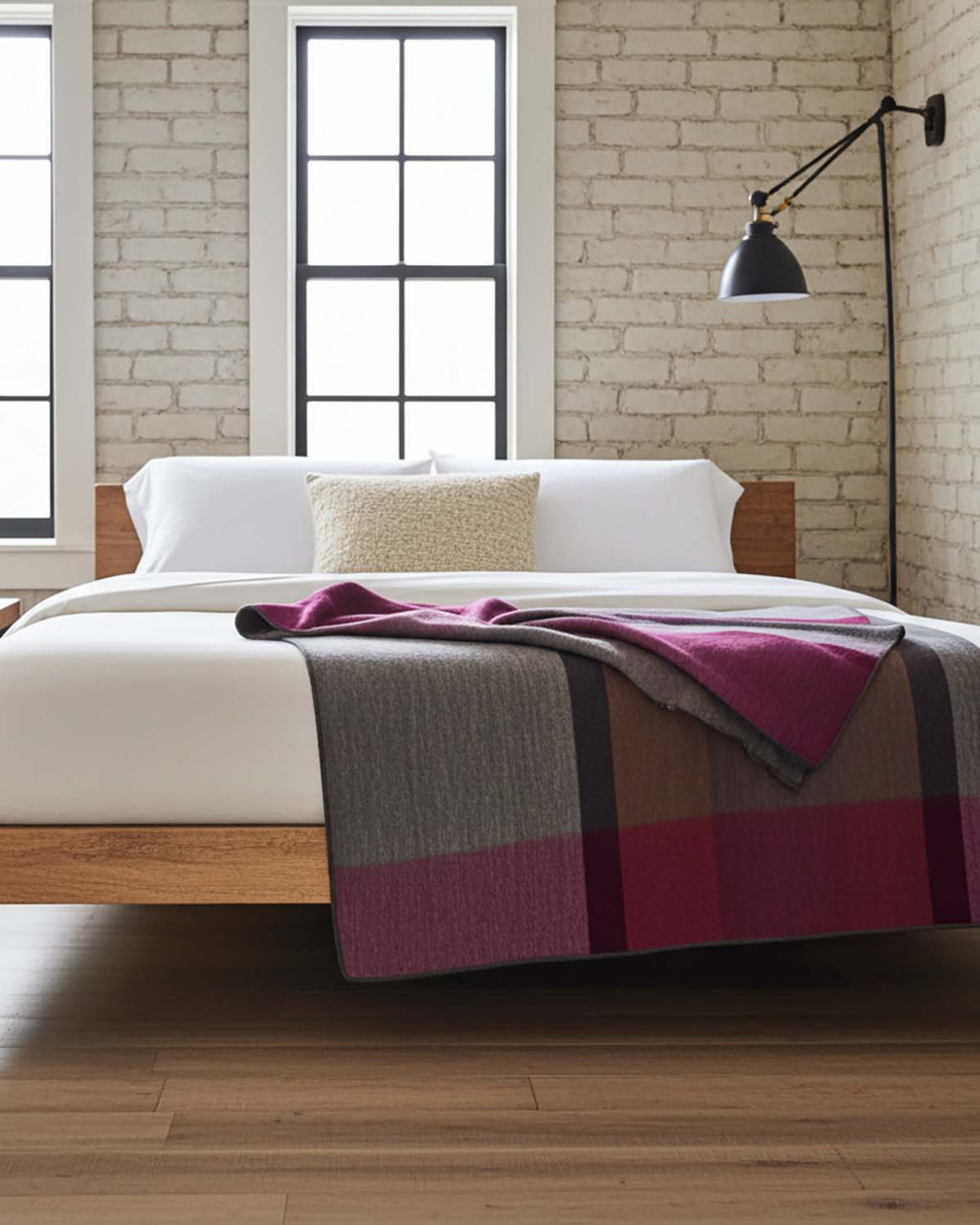 Plum alpaca throw blanket in Sunset with rosewood and magenta blocks, Shupaca