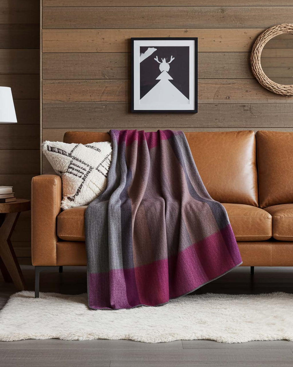 Plum alpaca throw blanket in Sunset with rosewood and magenta blocks, Shupaca
