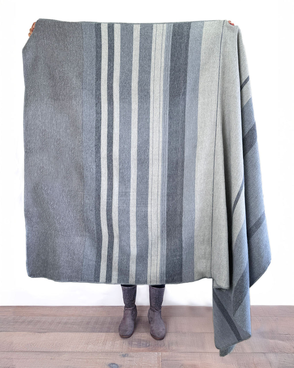 Cream alpaca throw blanket in Vanilla Bean with grey and sand subtle stripes, Shupaca