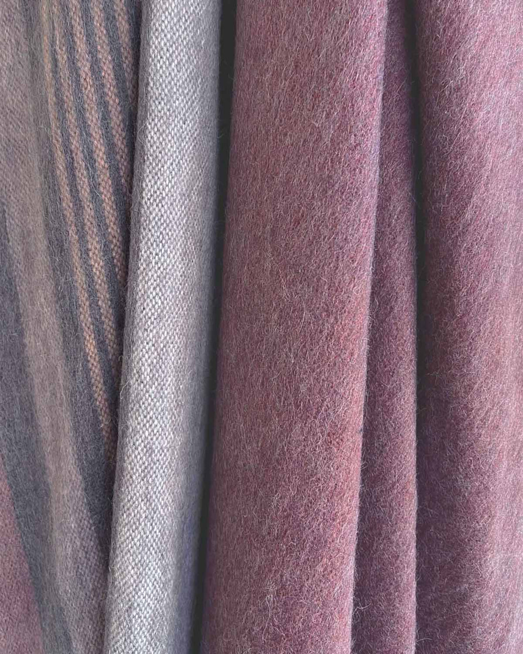 White Cranberry alpaca throw blanket with misty grey and cream blocks, Shupaca