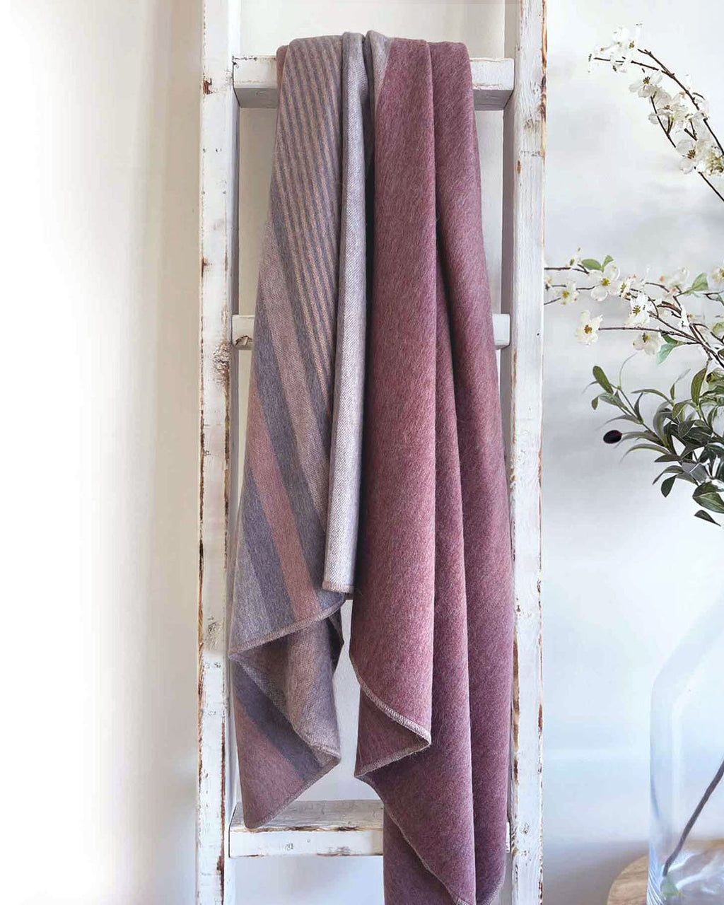 White Cranberry alpaca throw blanket with misty grey and cream blocks, Shupaca