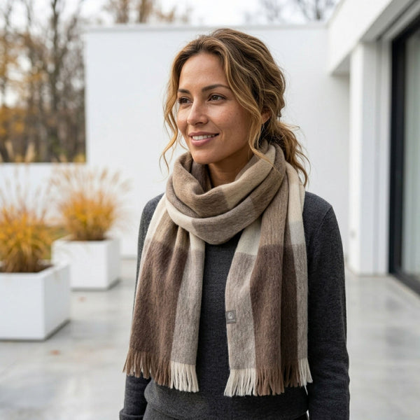 Beige Alpaca Plaid Scarf - Salt Flat by Shupaca