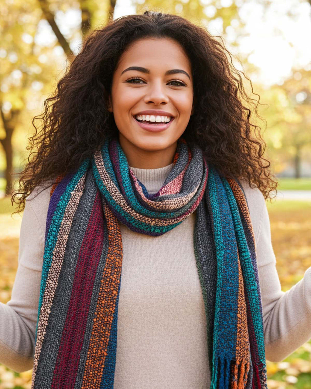 Orange alpaca scarf in Eucalyptus with teal and grey accents, Shupaca