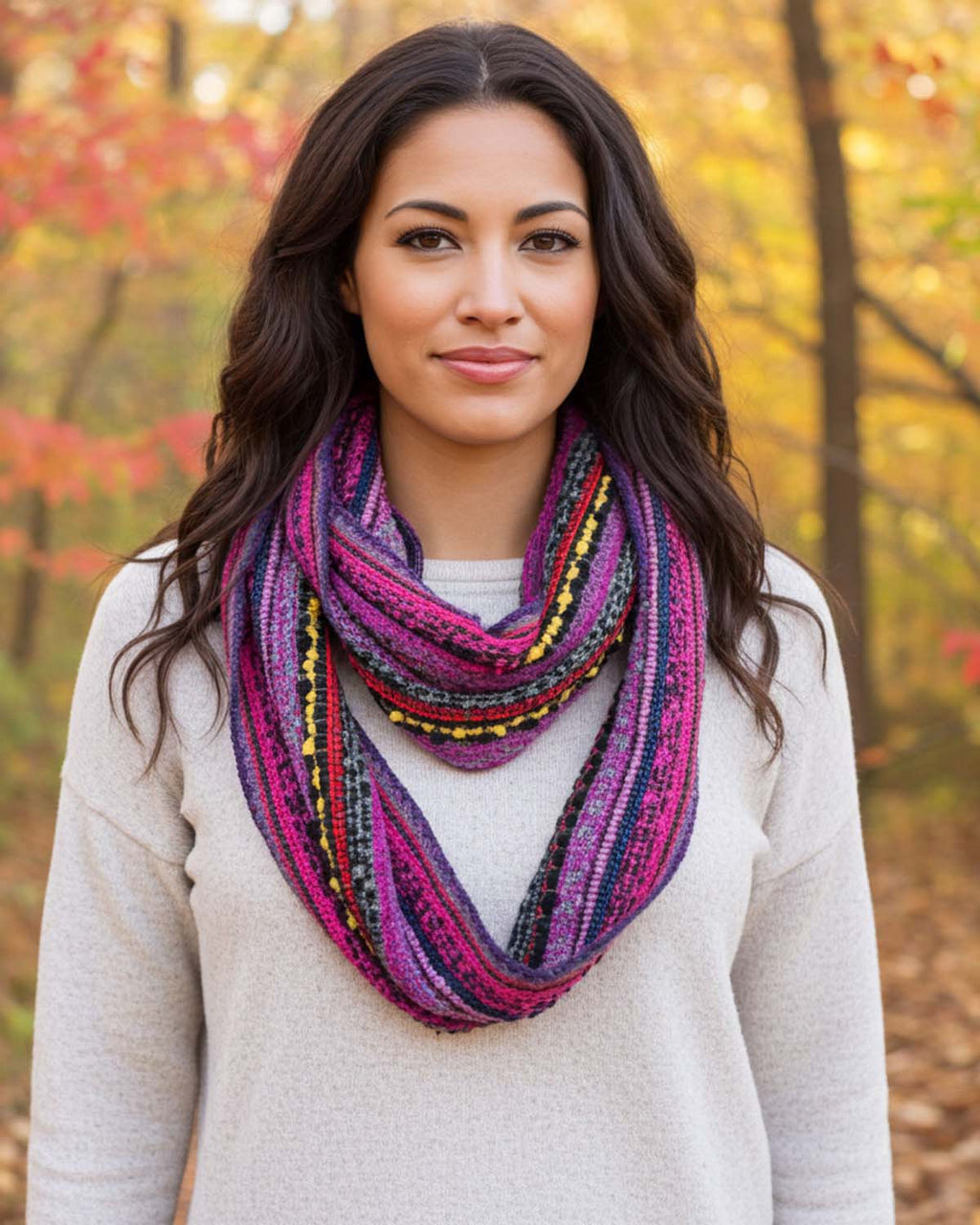 Magenta alpaca infinity scarf in Berry with plum and sunset orange bouclé, Shupaca