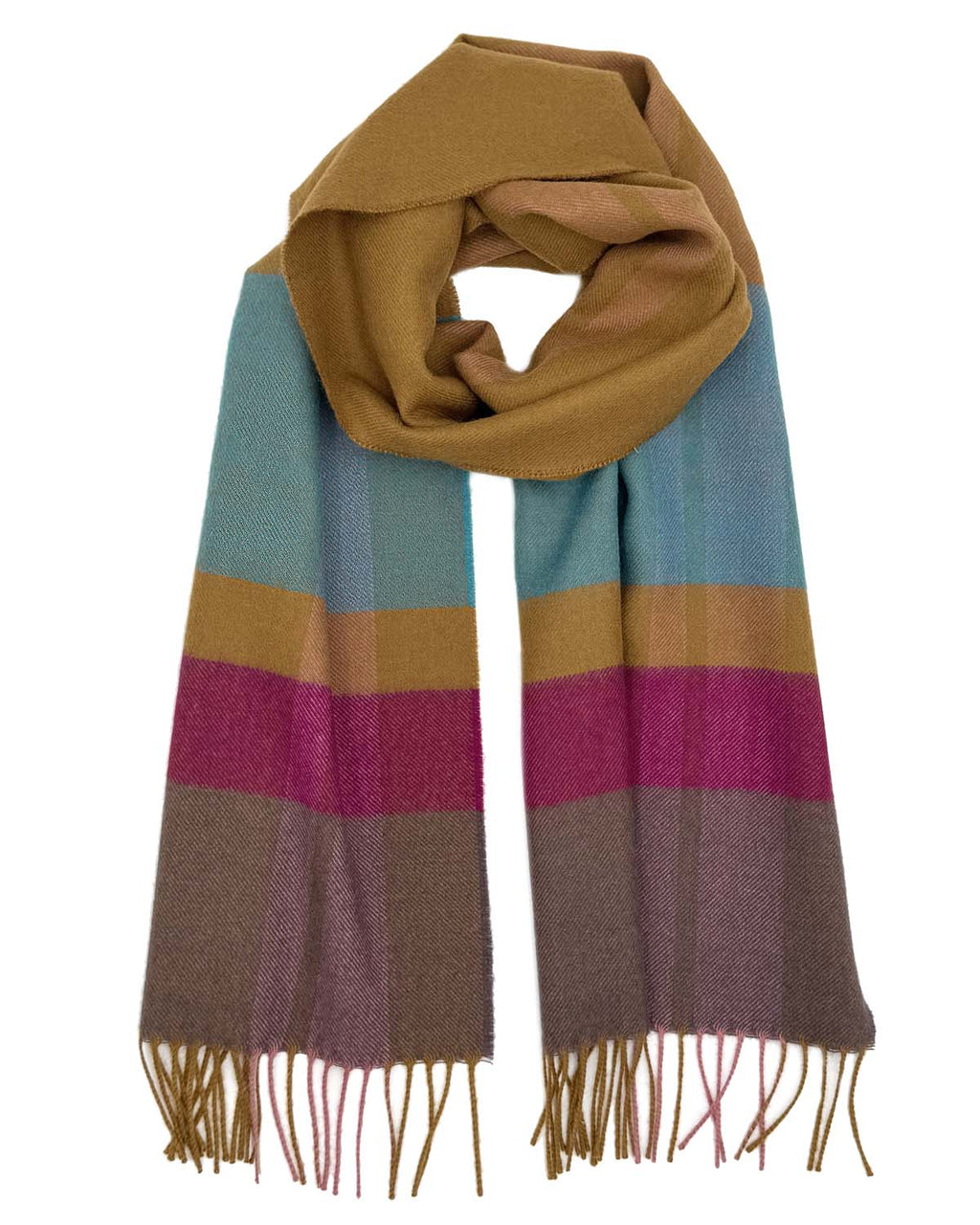 Golden brown 100% baby alpaca scarf with teal and berry accents, Shupaca