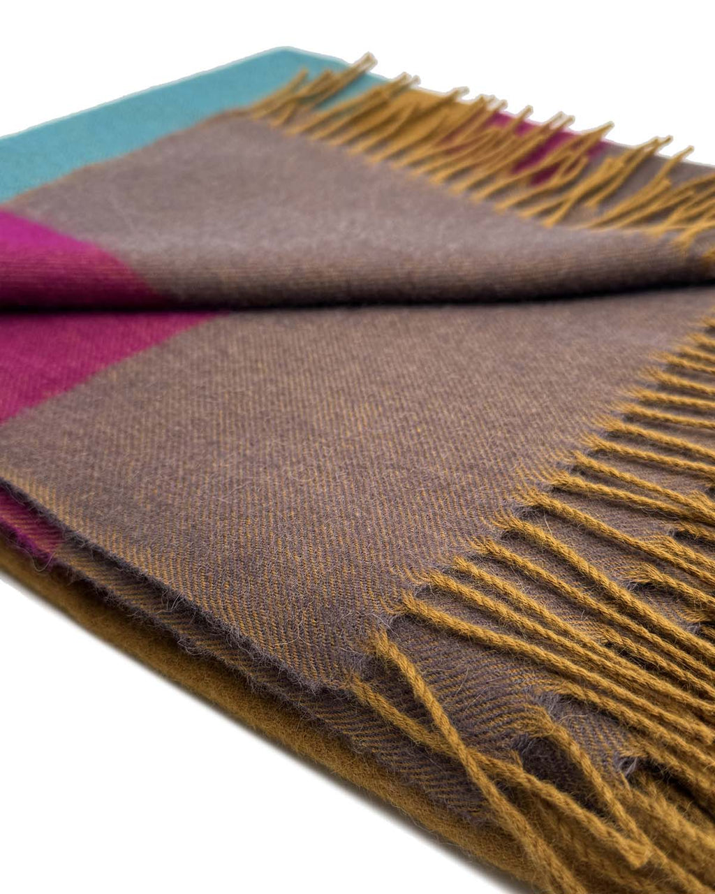 Golden brown 100% baby alpaca scarf with teal and berry accents, Shupaca