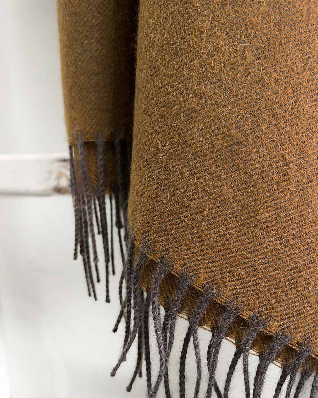 Golden 100% baby alpaca scarf in Tapenade with honey and caramel tones, Shupaca