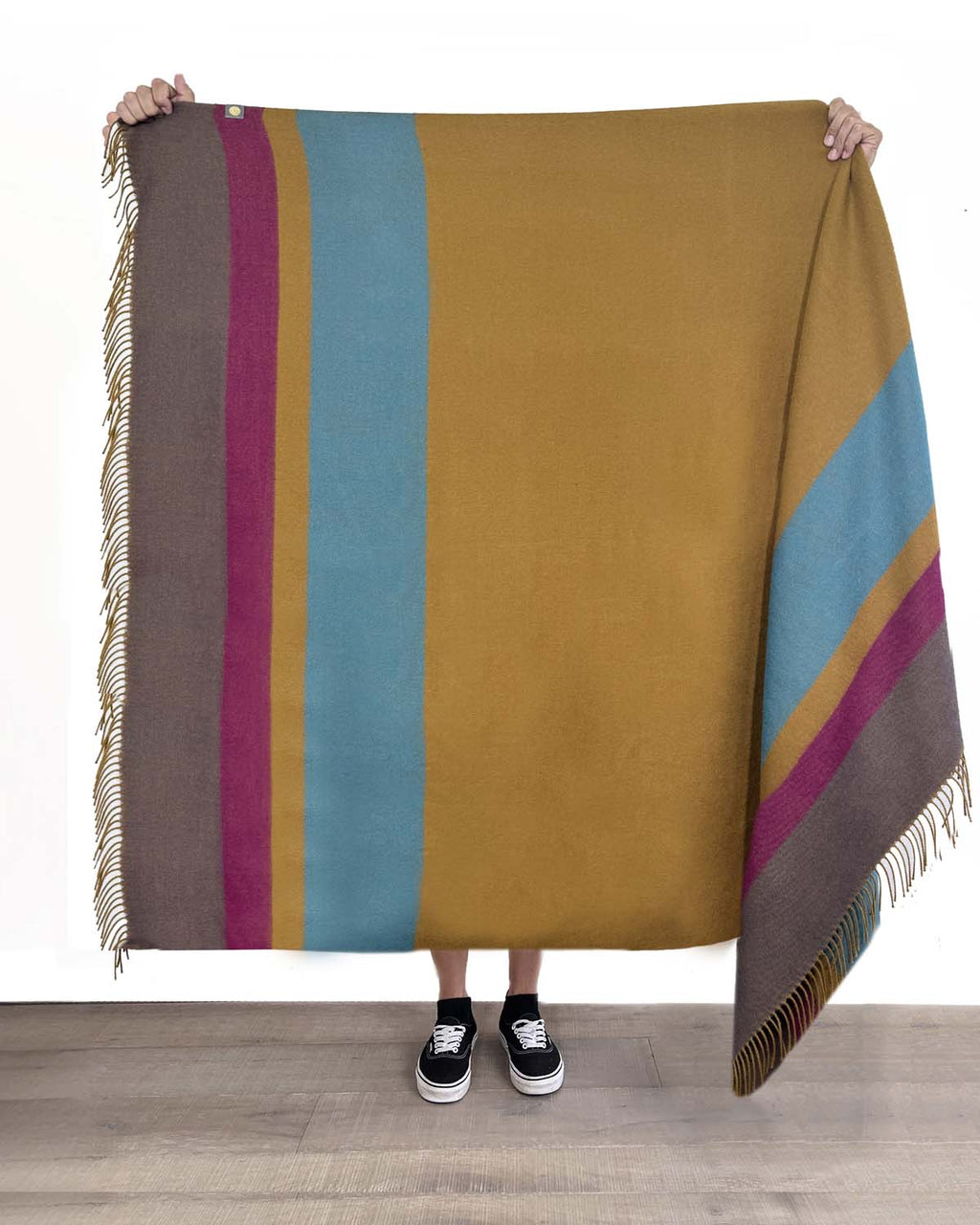 Golden brown 100% baby alpaca throw blanket with magenta and teal accents, Shupaca