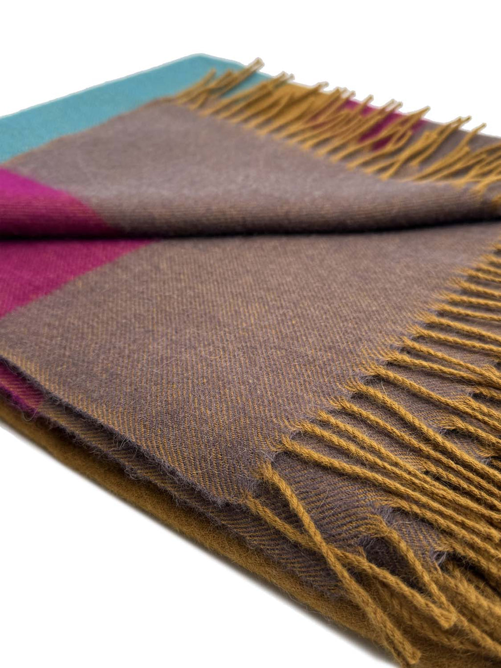 Golden brown 100% baby alpaca throw blanket with magenta and teal accents, Shupaca