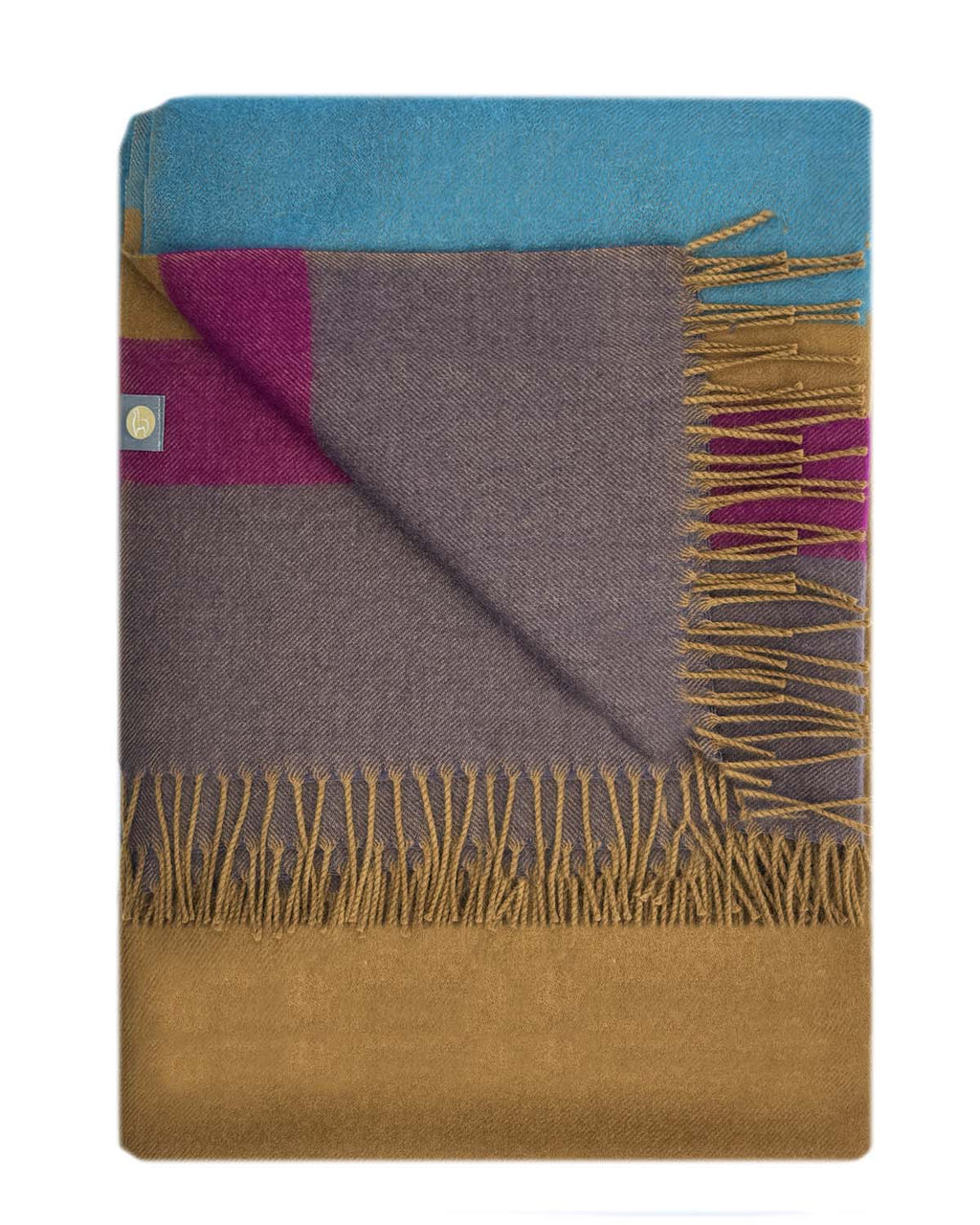 Golden brown 100% baby alpaca throw blanket with magenta and teal accents, Shupaca