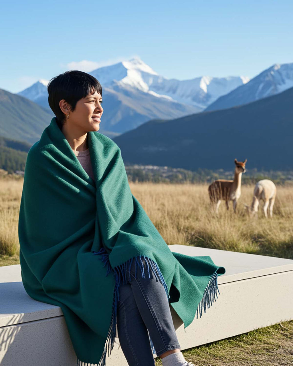 Emerald green 100% baby alpaca throw blanket in Jasper with teal tones, Shupaca