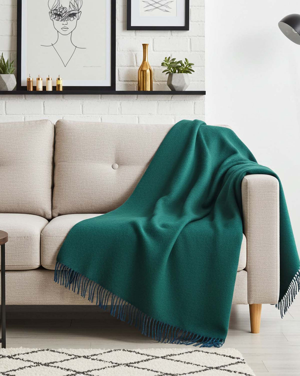 Emerald green 100% baby alpaca throw blanket in Jasper with teal tones, Shupaca