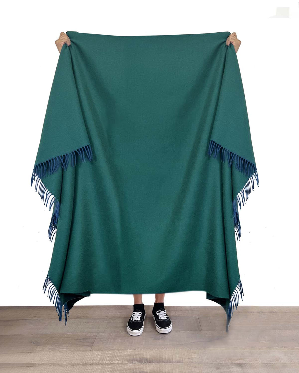 Emerald green 100% baby alpaca throw blanket in Jasper with teal tones, Shupaca