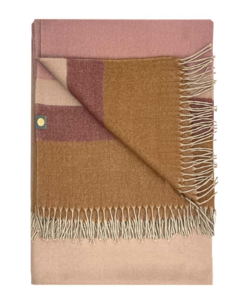 Mocha Mousse 100% baby alpaca throw blanket with blush rose and caramel, Shupaca