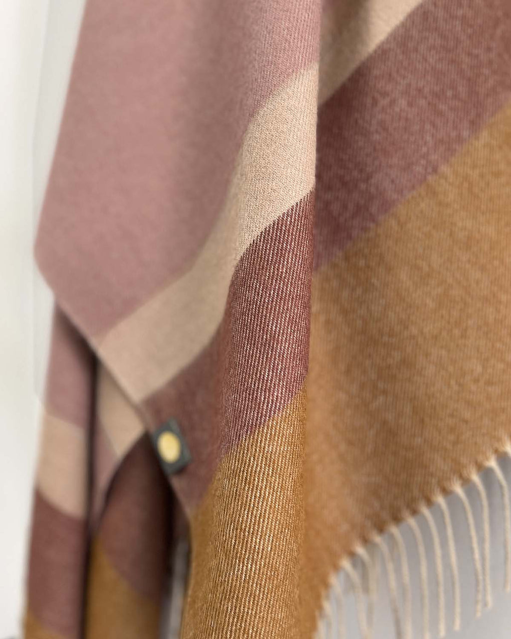 Mocha Mousse 100% baby alpaca throw blanket with blush rose and caramel, Shupaca