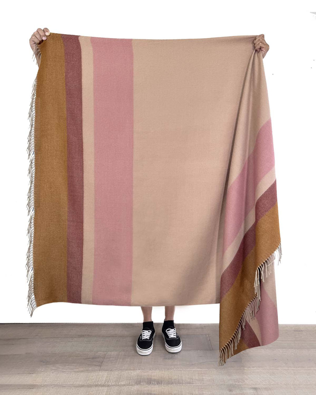 Mocha Mousse 100% baby alpaca throw blanket with blush rose and caramel, Shupaca