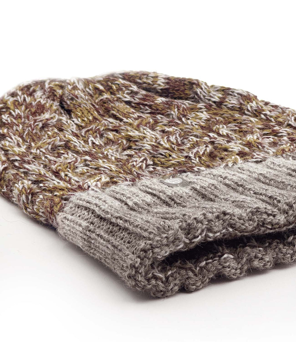 Chestnut alpaca beanie in Clay with stone beige accents, Shupaca