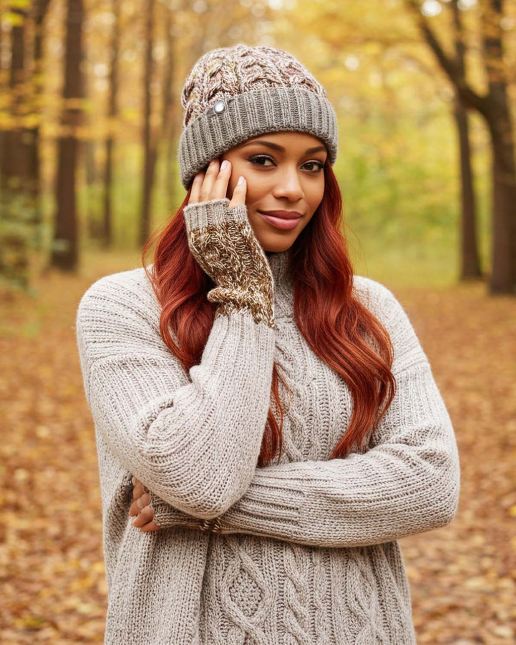 Chestnut alpaca beanie in Clay with stone beige accents, Shupaca