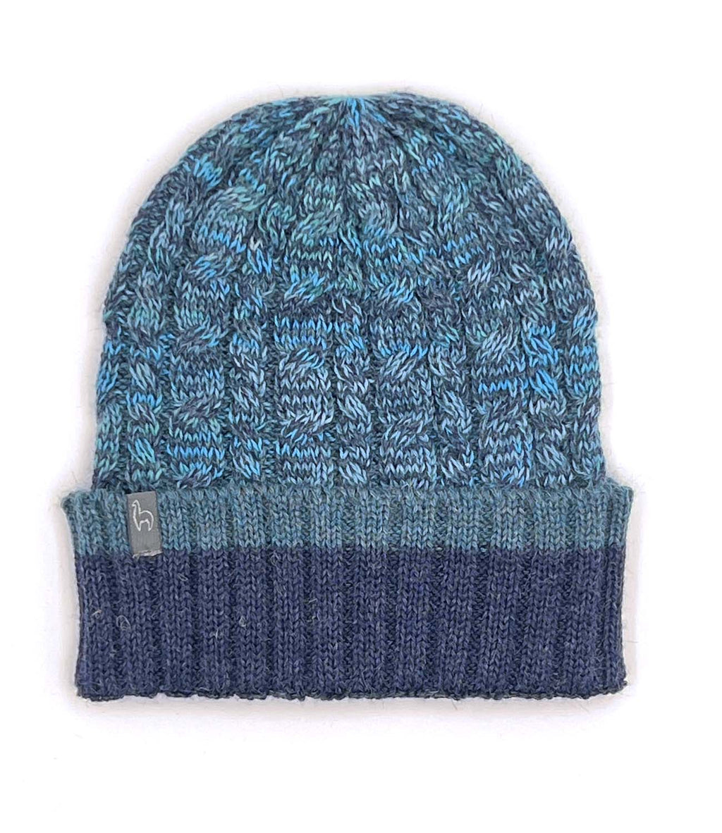 Teal alpaca beanie in Ocean Drift with navy blue tones, Shupaca