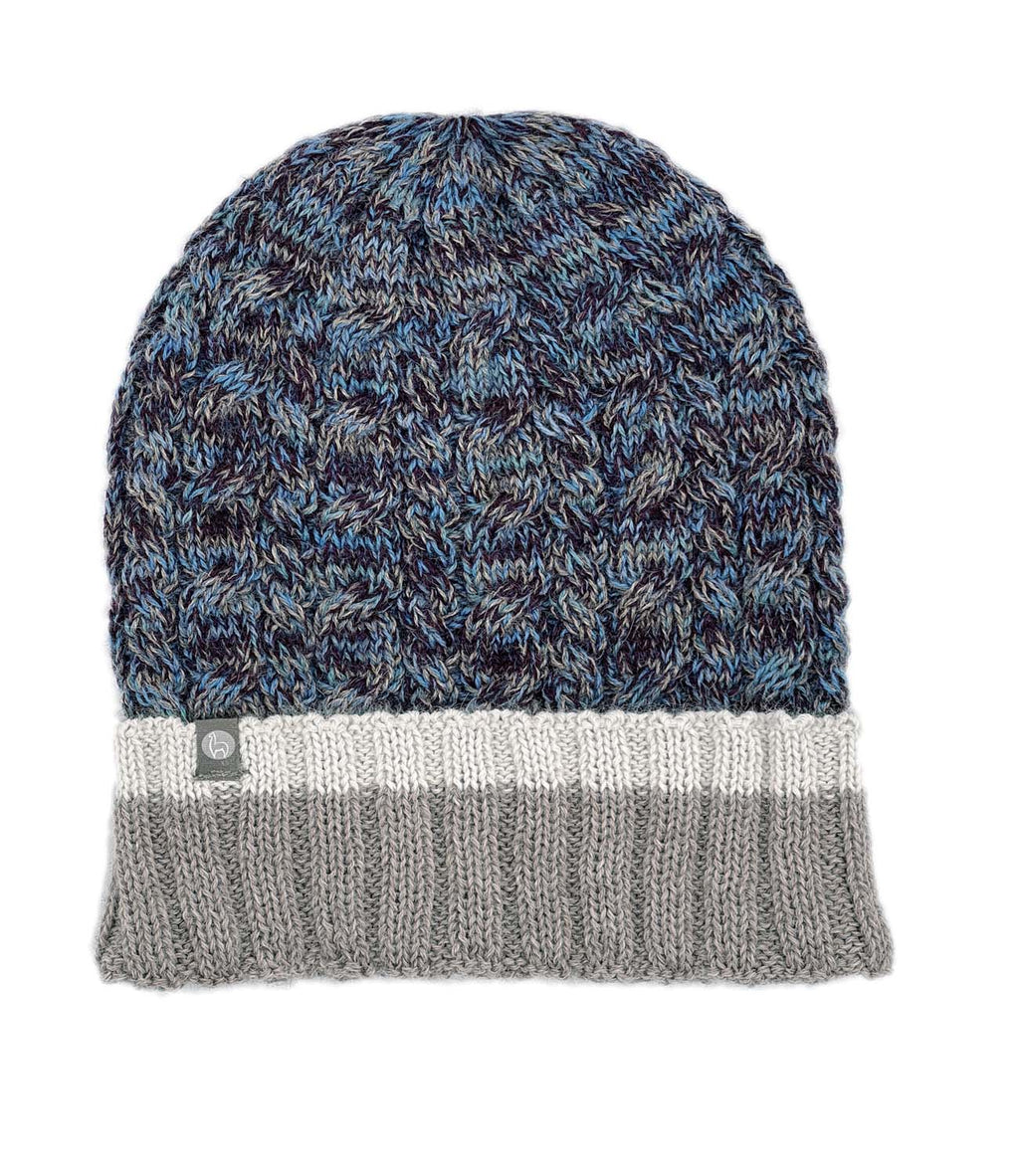 Blue alpaca beanie in Rockfish with storm grey accents, Shupaca