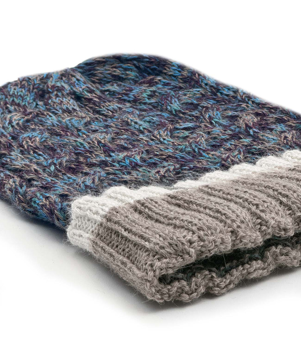 Blue alpaca beanie in Rockfish with storm grey accents, Shupaca