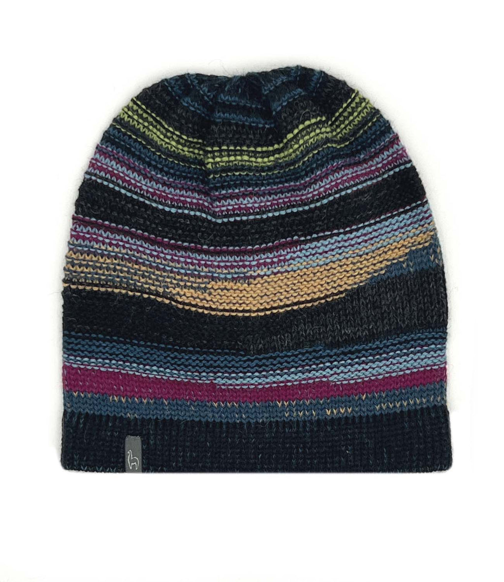 Black alpaca beanie in Fireworks with multicolor stripes, Shupaca