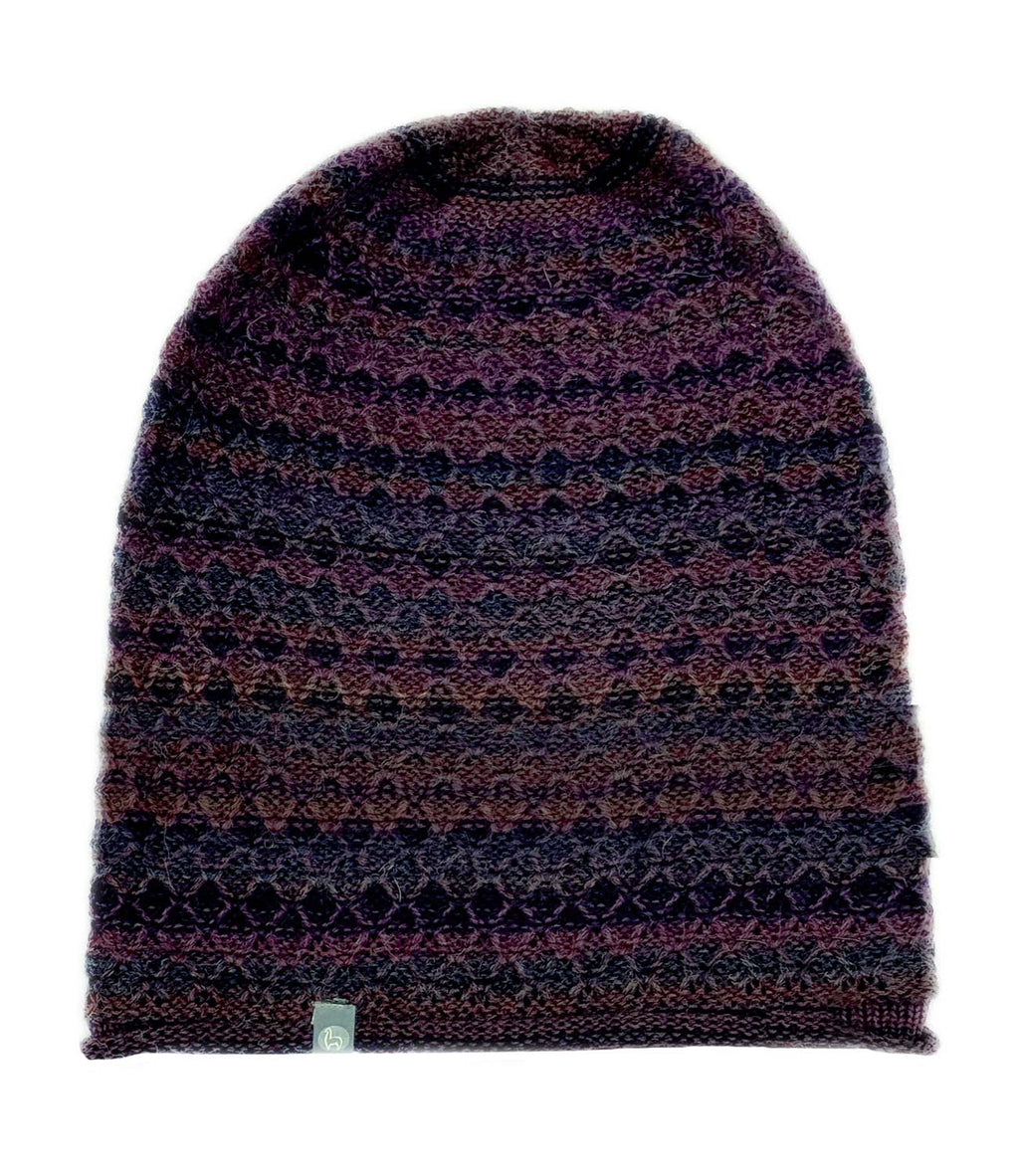 Plum alpaca beanie in Lava with chocolate brown tones, Shupaca