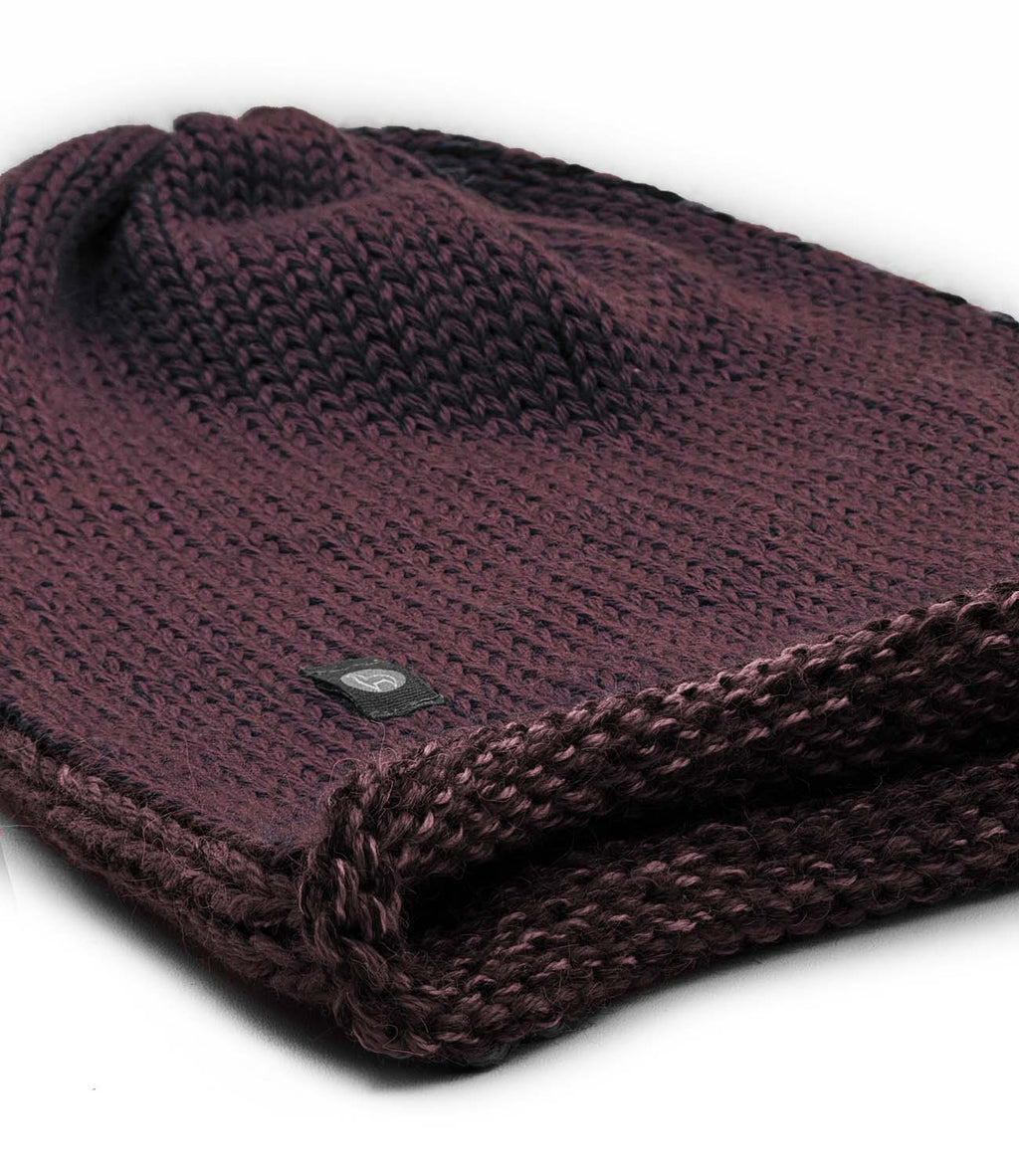 Maroon alpaca beanie hat with plum undertones, handmade by Shupaca