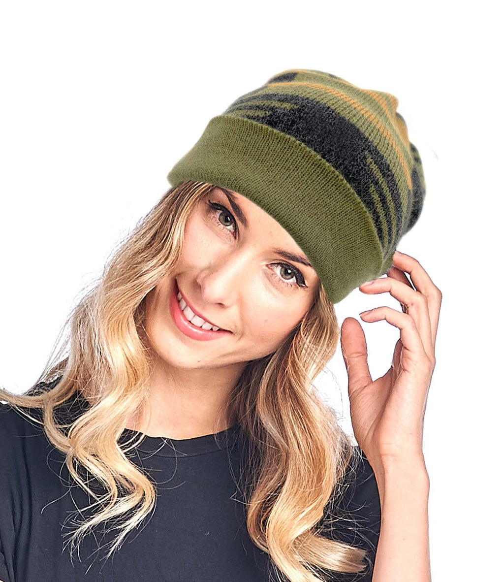 Olive alpaca beanie with Incan pattern, Shupaca
