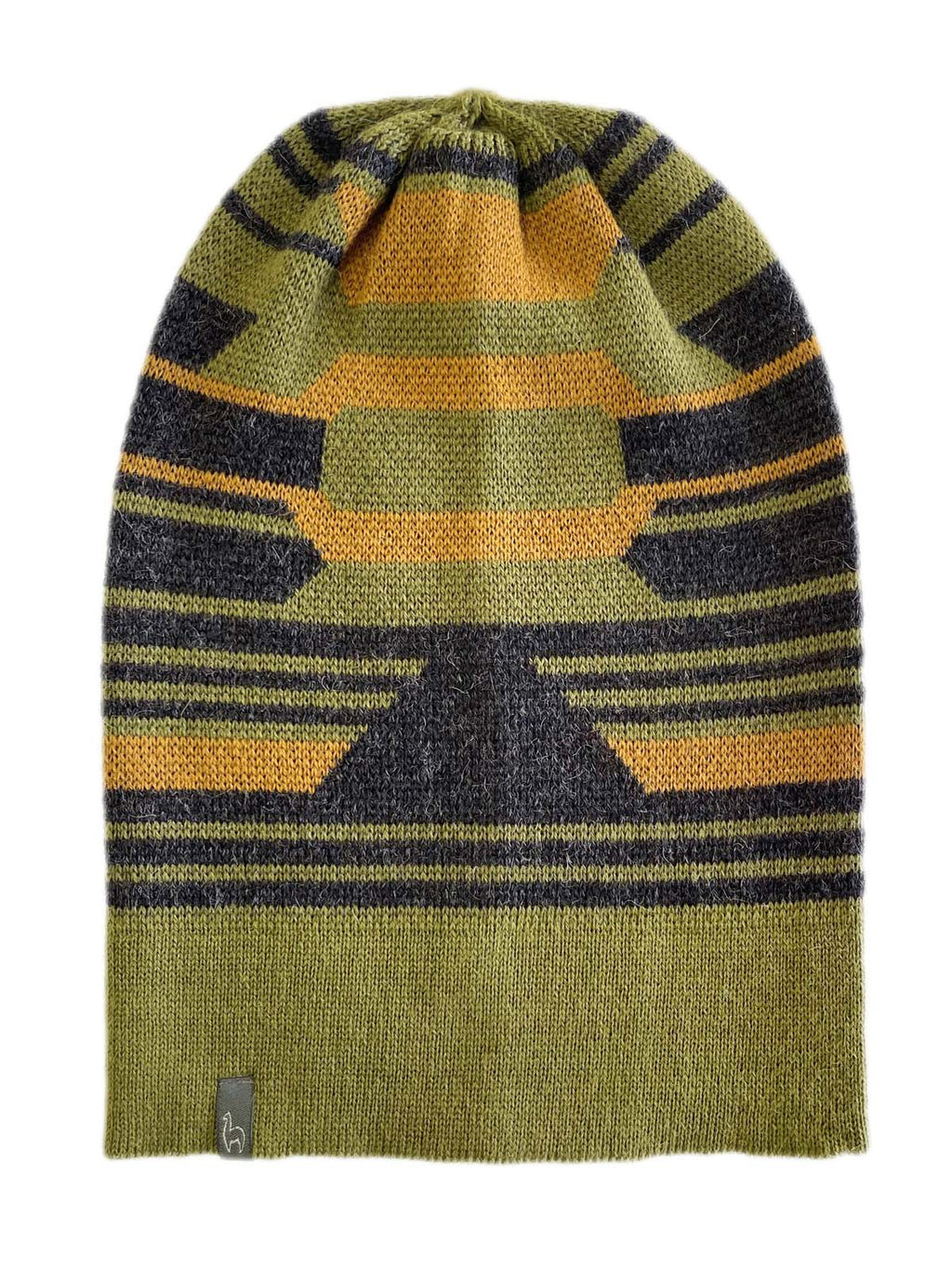 Olive alpaca beanie with Incan pattern, Shupaca
