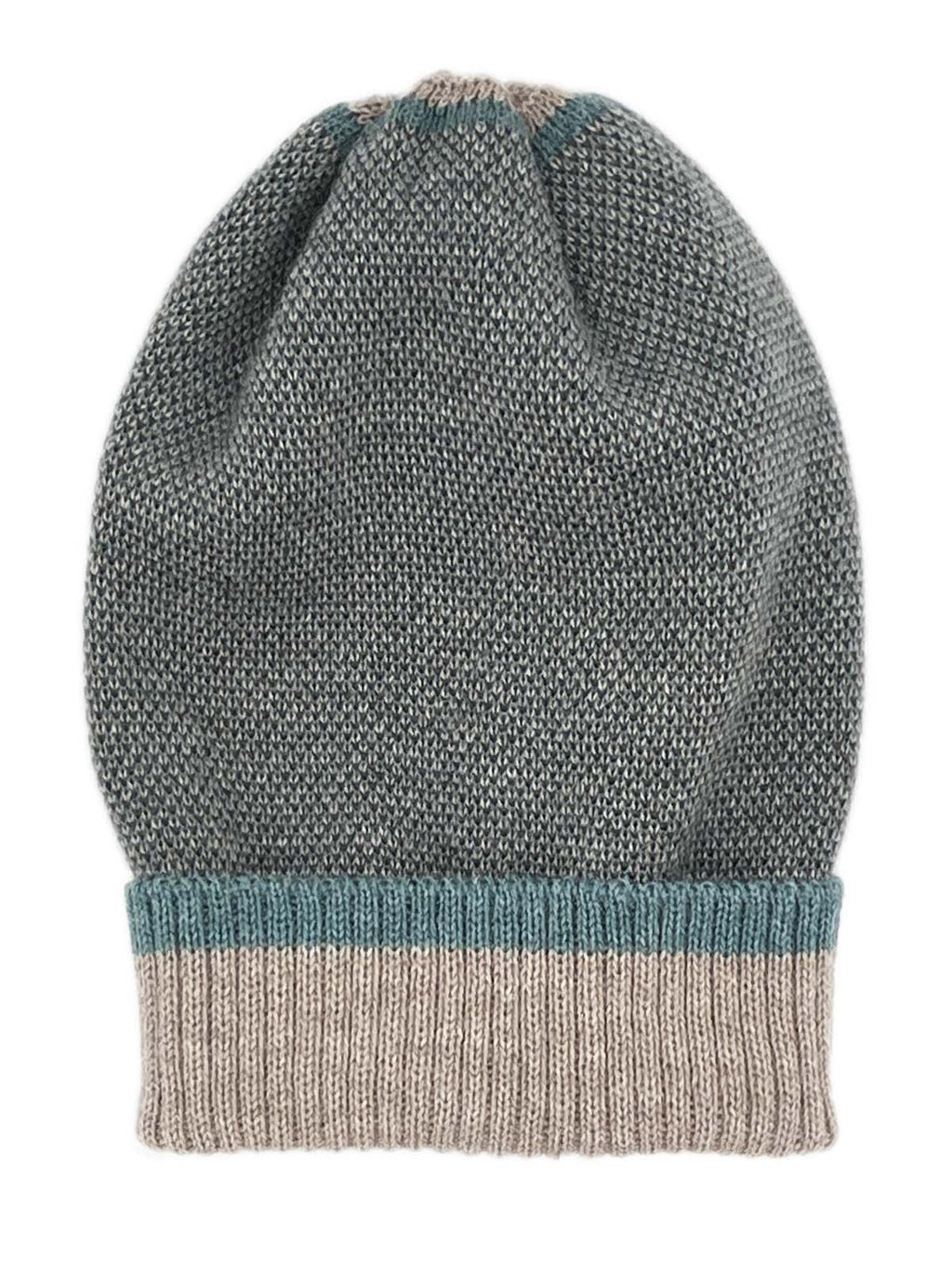 Teal alpaca beanie in Caribbean Sands with ivory beige, Shupaca