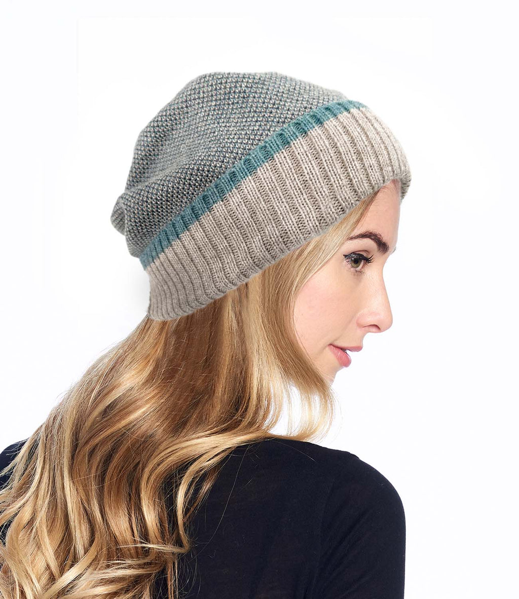 Teal alpaca beanie in Caribbean Sands with ivory beige, Shupaca