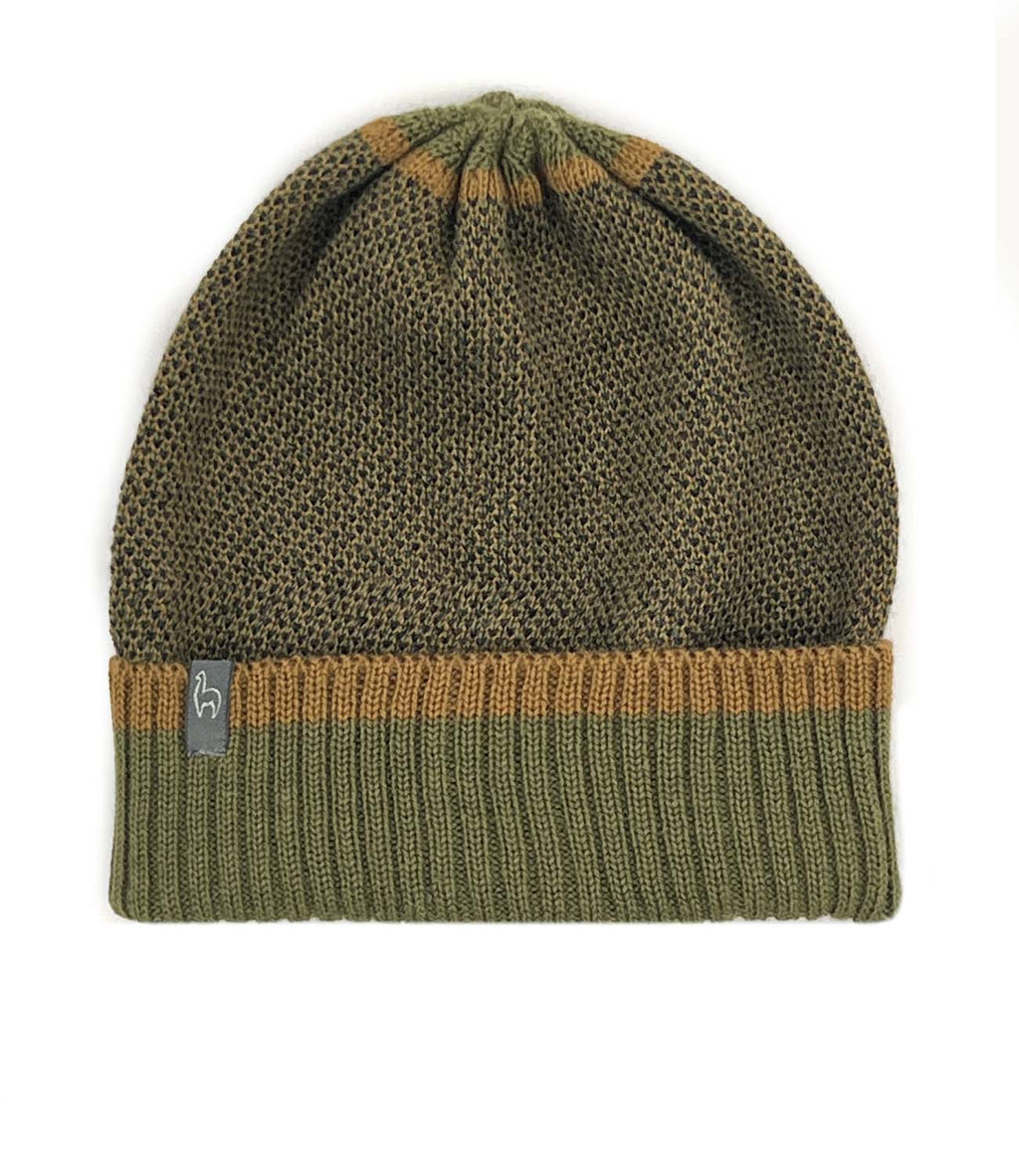 Olive green alpaca beanie in Fern with golden wheat, Shupaca