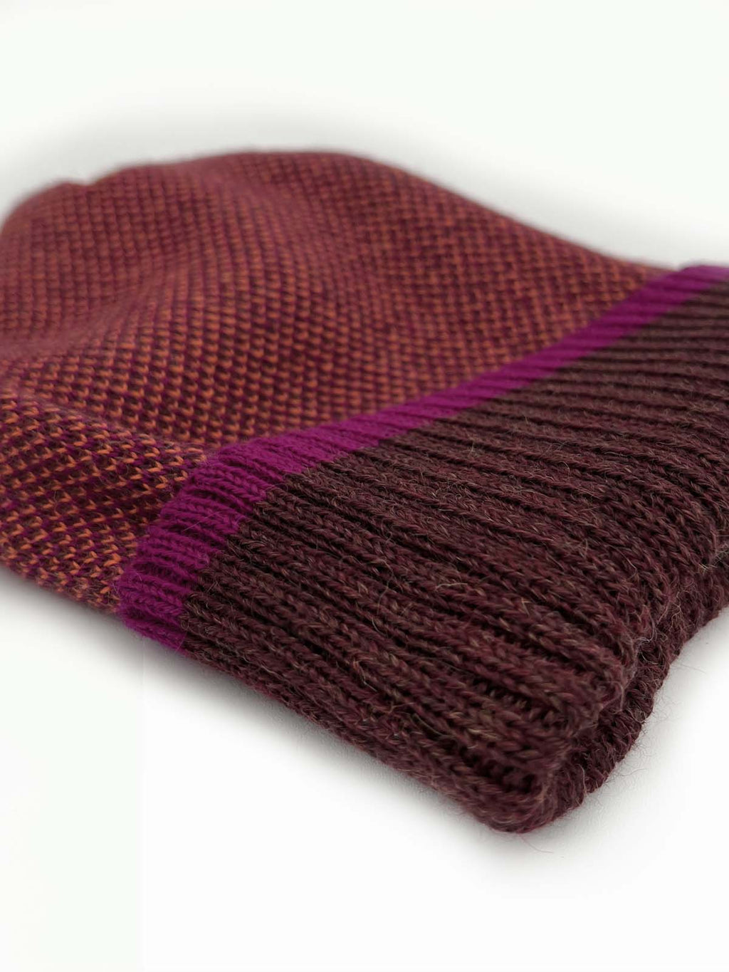 Burgundy alpaca beanie in Maple with dark brown accents, Shupaca