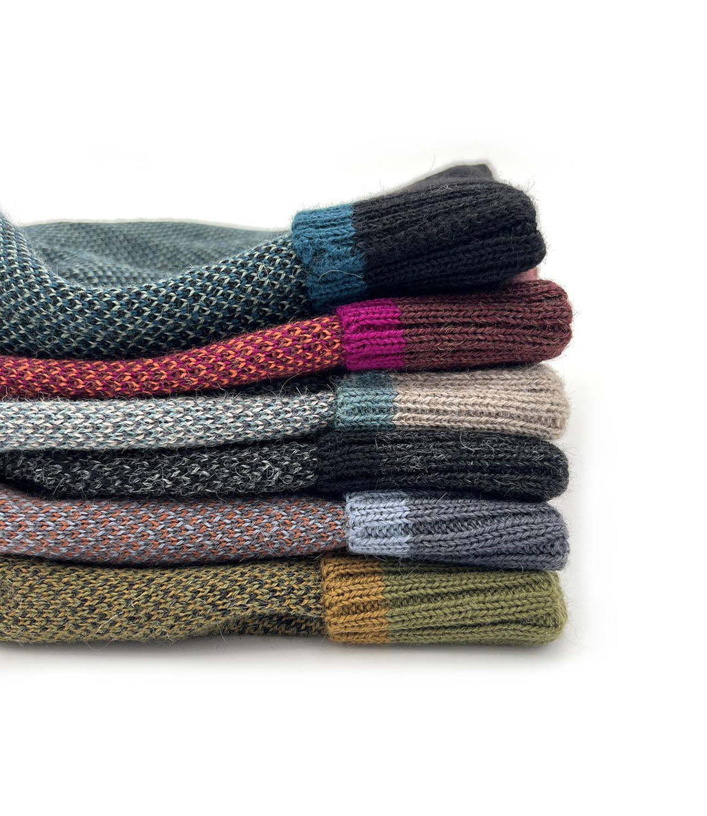 Rust alpaca beanie in Terra with dusty blue, Shupaca