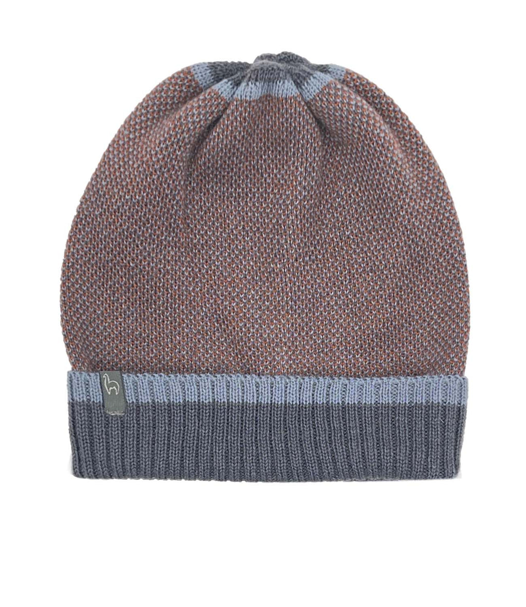 Rust alpaca beanie in Terra with dusty blue, Shupaca