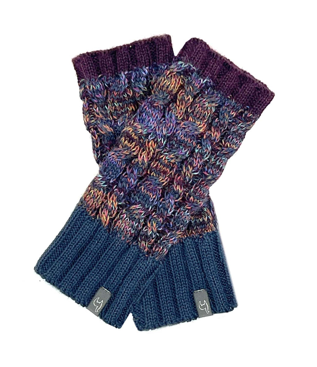 Blue alpaca gloves in Galaxy with plum and orange bursts, Shupaca
