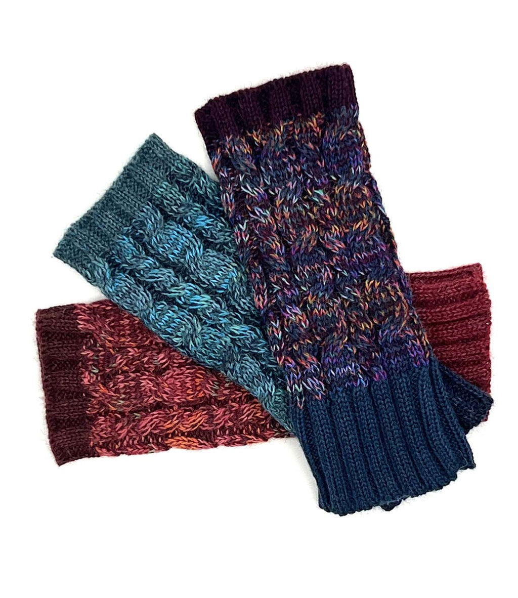 Blue alpaca gloves in Galaxy with plum and orange bursts, Shupaca