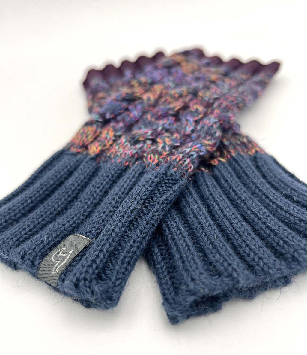 Blue alpaca gloves in Galaxy with plum and orange bursts, Shupaca