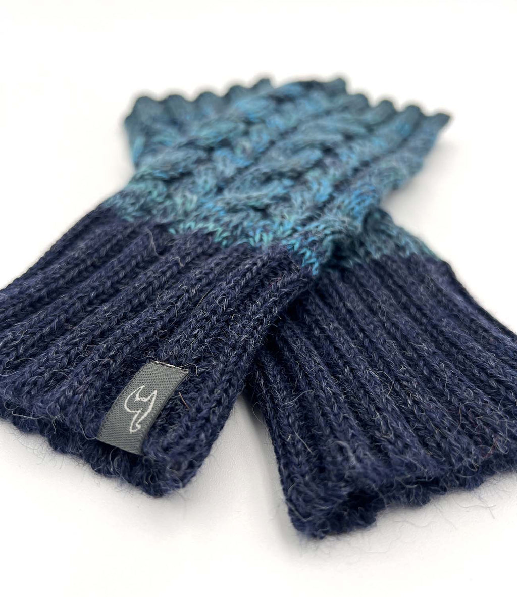 Teal alpaca gloves in Ocean Drift with navy braid, Shupaca