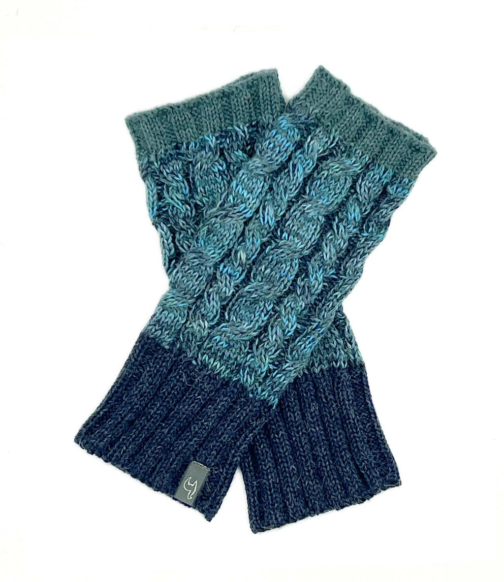 Teal alpaca gloves in Ocean Drift with navy braid, Shupaca