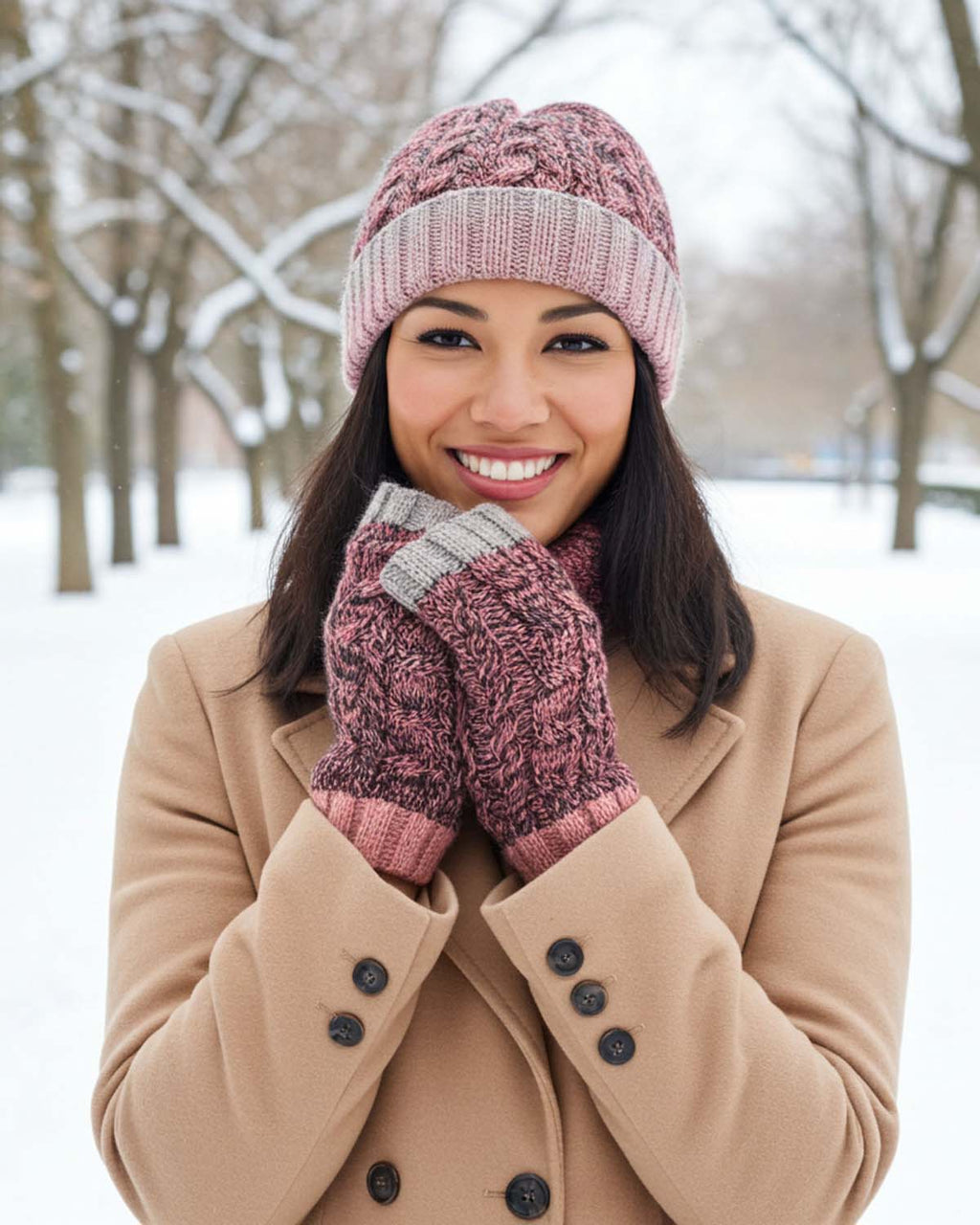 Pink Lemonade alpaca gloves with rose and charcoal braid, Shupaca