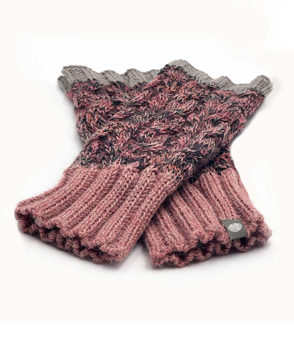 Pink Lemonade alpaca gloves with rose and charcoal braid, Shupaca
